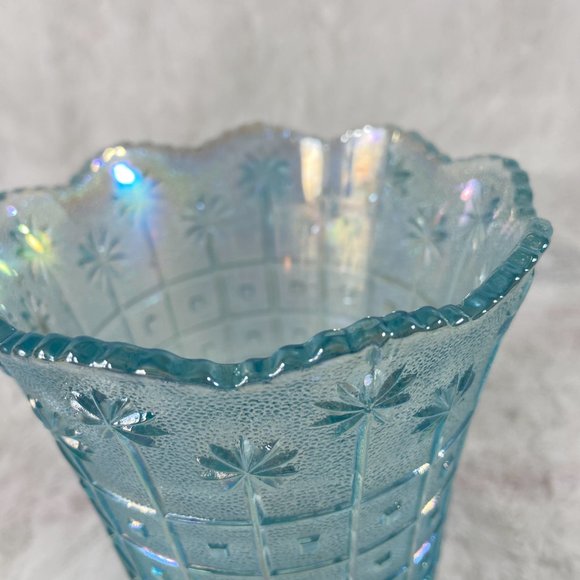 Imperial Glass Blue Iridescent Carnival Flower Block Scalloped Vase Lennox Rare - Picture 2 of 8